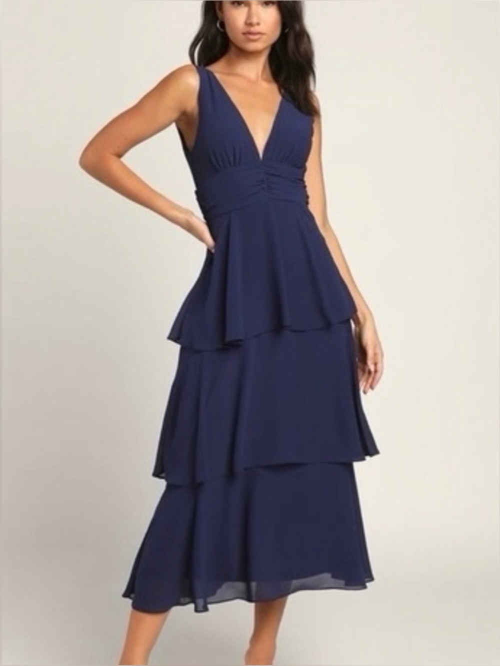 Lulus Celebration Time Navy Blue Sleeveless Tiered Midi Dress